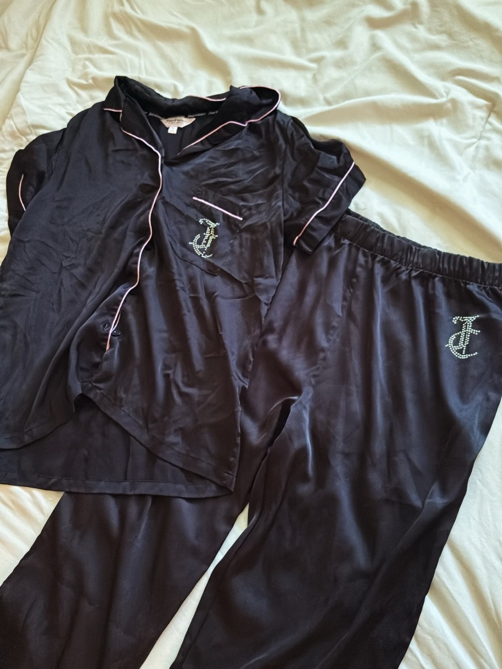 Juicy Couture Black Satin Pajama Set with Pink Piping and Rhinestone JC Monogram